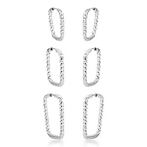 Trio de Brinco Argola Quadrada Torcida Prata 925