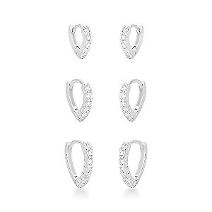 Trio de Brinco Argola de Cristal Cravejado Prata 925
