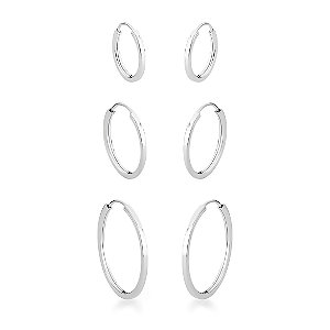 Trio de Brinco Argola Redondo Prata 925