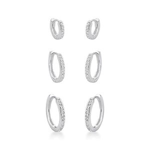 Trio de Brinco Argola Cravejada Prata 925