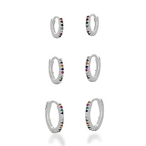 Trio de Brinco Argola Cravejada Colorida Prata 925