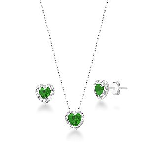 Conjunto Cravejado Pedra Coração Verde Prata 925