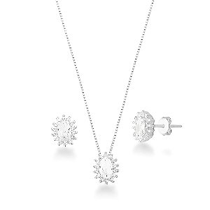 Conjunto Pedra Oval Cravejado de Prata 925