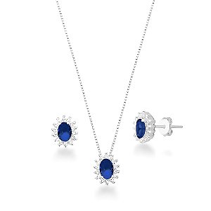 Conjunto Cravejado Pedra Oval Prata 925 Azul
