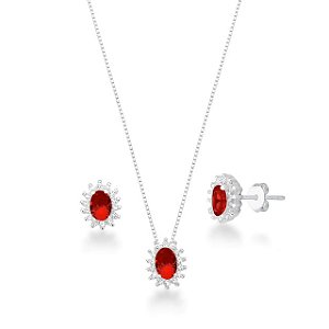 Conjunto Cravejado Pedra Oval Prata 925 Vermelho