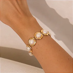 Pulseira Peças Redondas com Pérolas Dourado