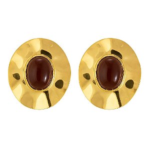 BRINCO OVAL CHAPA PEDRA MARROM GOLD