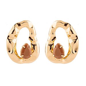 Brinco Oval Orgânico com Gota Marrom Dourado