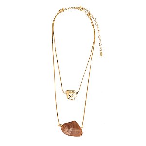 Colar Duplo com Pingente Orgânico e Pingente de Pedra Caramelo Dourado