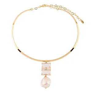 Colar Aro Liso com Retângulos Cristais e Pérolas Dourado