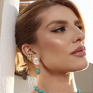 Brinco Pérola com Pedra Turquesa Dourado