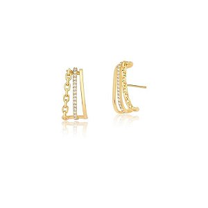 BRINCO EAR HOOK COM ELOS E ZIRCÔNIAS BRANCAS BANHADO A OURO