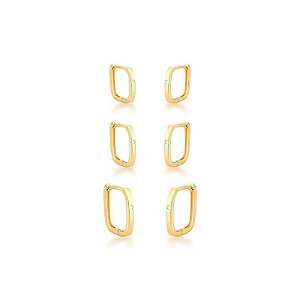 KIT TRÊS PARES DE ARGOLA QUADRADA BANHADA A OURO
