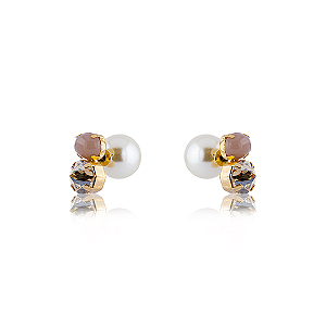 Brinco Ponto de Luz e Resinado com Tarraxa Pérola Dourado