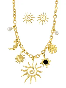 Conjunto Colar e Brinco Design Sol e Pérola Martelado