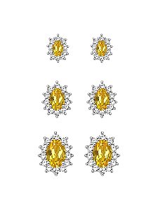 TRIO DE BRINCO OVAL CRAVEJADO AMARELO