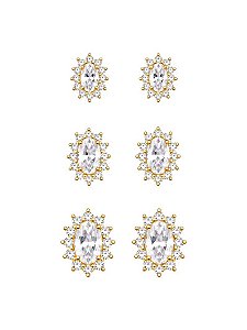 TRIO DE BRINCO OVAL CRAVEJADO CRISTAL GOLD