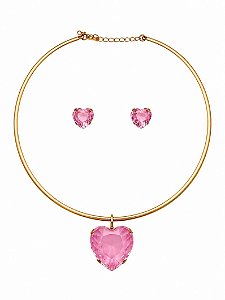CONJUNTO ARO E BRINCO CORAÇÃO ROSA
