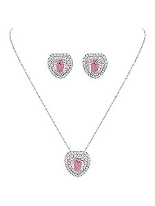 CONJUNTO COLAR E BRINCO CORAÇÃO CRAVEJADO- ROSA