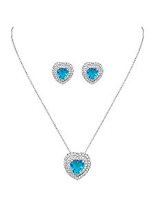 CONJUNTO COLAR E BRINCO CORAÇÃO CRAVEJADO AZUL