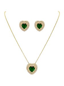 CONJUNTO COLAR E BRINCO CORAÇÃO CRAVEJADO- ESMERALDA