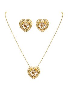 CONJUNTO COLAR E BRINCO CORAÇÃO CRAVEJADO- CRISTAL