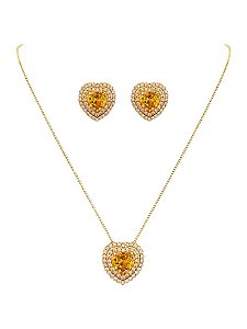 CONJUNTO COLAR E BRINCO CORAÇÃO CRAVEJADO AMARELO