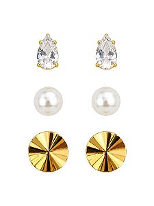 Trio Botton Com Perola e Gota Cristal