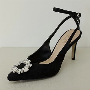 SCARPIN SALTO MÉDIO ENFEITE CRISTAIS CAMURÇA PRETO - AURORA
