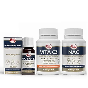 Kit Vitafor - Vitamina B12 Líquida 20ml + Vita C3 60 cápsulas + NAC 60 cápsulas