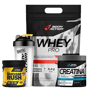 Kit Bodyaction - Whey Pró 1kg + Creatina 100% 300g + Pré-treino Nuclear Rush 100g + Coqueteleira Grátis