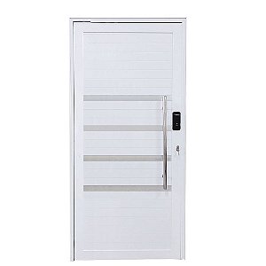 Porta Pivotante de Alumínio Branco Com Puxador e Friso com Fechadura Digital Linha Roma