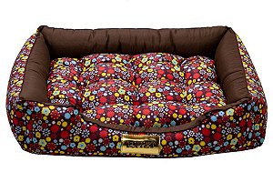 Cama Retangular Luxo Marrom Floral para Cachorro ou Gato