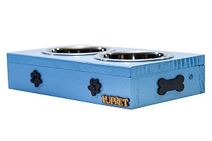 Comedouro Com Patinhas De Madeira E Potes Inox Para Cachorro Azul