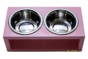 Comedouro Duplo De Madeira Com Potes Inox Para Gatos E Cachorros Rosa