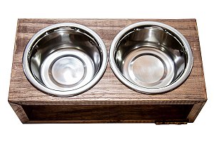 Comedouro Duplo De Madeira Com Potes Inox Para Gatos E Cachorros Marrom
