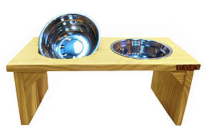 Comedouro Duplo Elevado Toronto Madeira Potes Inox Para Gatos E Cachorros