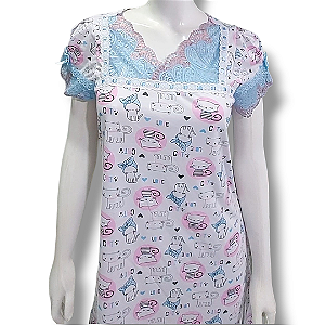 Camisola Princesa Encantada Feminina Adulto: Roupa de dormi|Estampa Gatinha | Renda Barrada
