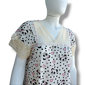 Camisola Princesa Encantada Feminina Adulto:Roupa de dormir|Estampa Urso panda- Renda barrada cor Marfim|Tamanho G