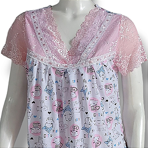 Camisola Delicada Feminina Adulto Roupa de Dormir Estampada | Renda rosa claro
