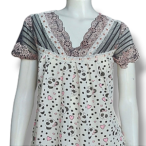 Camisola Delicada Adulto Roupa de dormir Estampa Urso panda manga na renda Rosê Golden e preto