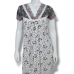 Camisola Delicada Feminina Adulto Roupa de dormir Estampa Urso panda manga rendada Rosê e preto