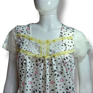 Camisola Isadora Manga Curta Roupa de Dormir Estampa Urso panda tira bordada amarelo