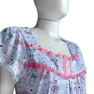 Camisola Isadora manga curta Roupa de dormir Estampa gatinha Tira bordada na cor rosa escuro