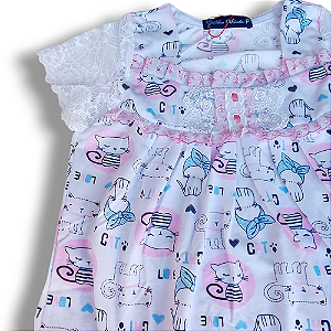 Camisola Infantil Isadora manga na renda barrada estampa Gatinha tira bordada cor rosa