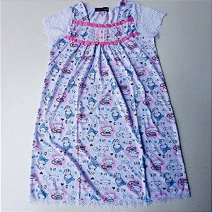 Camisola Infantil Isadora manga na renda barrada estampa gatinha/Tira bordada rosa escuro |veste 12 anos