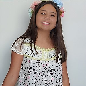 Camisola Isadora infantil com manga rendada |Roupa de dormir Estampada urso panda |Tira bordada Cor Amarelo