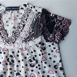 Camisola Delicada infantil Estampa urso panda cor renda preta e rosa