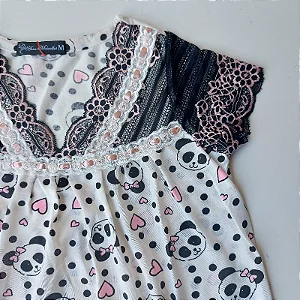 Camisola infantil Delicada estampa urso panda renda cor preta com Rosê Golden