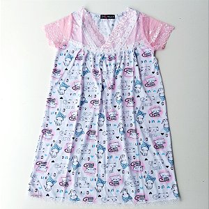 Camisola Delicada Infantil estampa Gatinha Renda na cor rosa bebê